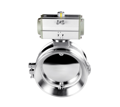 Válvula borboleta em aço inox 316L com atuador pneumático horizontal, projetada para automação de fluxo de pós, granulados e alimentos secos