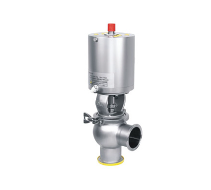 Válvula de desvio de assento único com atuador pneumático em aço inox 316L para direcionamento de fluxo em processos sanitários