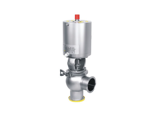 Válvula de desvio de assento único com atuador pneumático em aço inox 316L para direcionamento de fluxo em processos sanitários