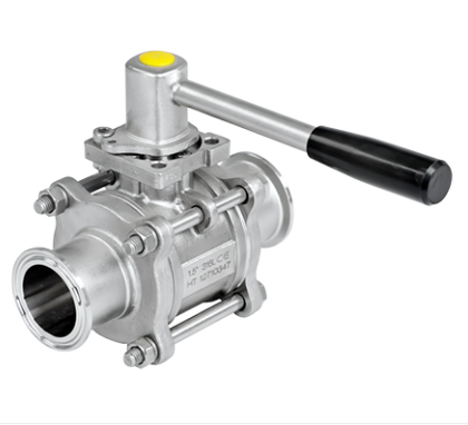 Válvula de esfera tripartida manual em aço inox 316L, projetada com sistema de três peças para fácil manutenção em linha sem desmontar a tubulação