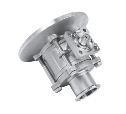 Válvula de esfera manual em aço inox 316L com flange de acoplamento angular para drenagem sanitária e esvaziamento de reatores