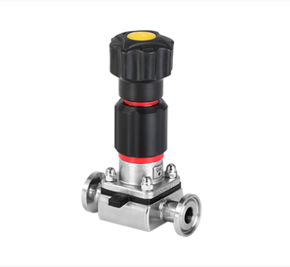 Mini válvula de diafragma manual em aço inox 316L com trava de segurança para controle de fluidos de alta pureza