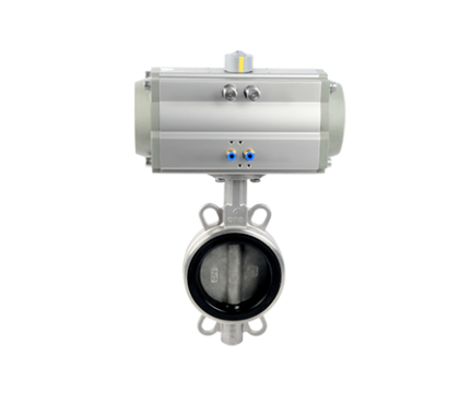Válvula borboleta tipo wafer em aço inox 316L com atuador pneumático para automação de fluxo industrial