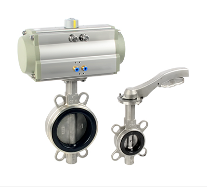 Válvula borboleta tipo wafer série D71 em aço inox 316L com alavanca para controle manual de fluxo industrial