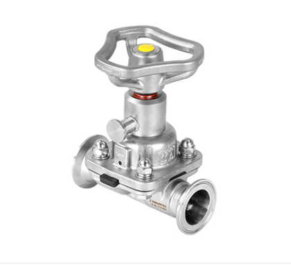 Válvula de diafragma manual em aço inox 316L com trava de posição para controle seguro de fluxo em sistemas sanitários