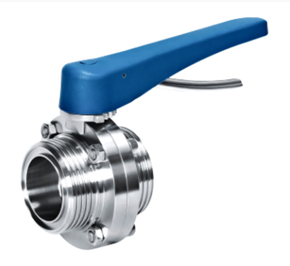 Válvula borboleta de três vias em aço inox 316L com alavanca manual para desvio e mistura de fluxo industrial