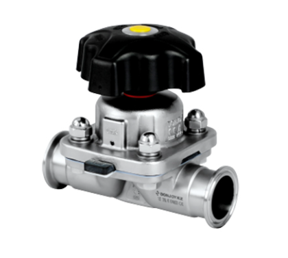 Válvula de diafragma manual em aço inox 316L com conexões sanitárias para controle de processos estéreis