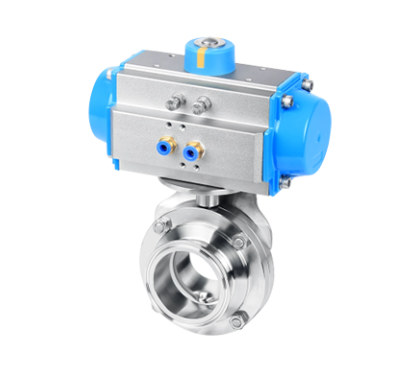 Válvula de esfera tripartida em aço inox 316L com atuador pneumático horizontal azul para automação de processos industriais de alto torque