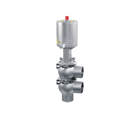 Válvula de assento desviadora pneumática em aço inox 316L com sistema de barreira de vapor para processos assépticos e farmacêuticos