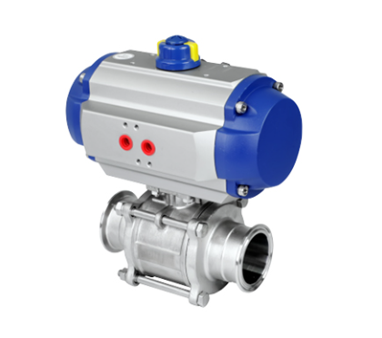 Válvula de esfera sanitária sem retenção em aço inox 316L automatizada com atuador pneumático horizontal para processos industriais assépticos
