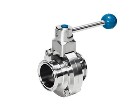 Válvula borboleta sanitária em aço inox 316L com extremidades Tri-Clamp para montagem rápida em linhas de processo