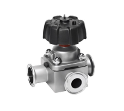 Válvula de diafragma manual de três vias em aço inox 316L para desvio de fluxo em sistemas sanitários e industriais