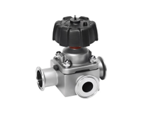 Válvula de diafragma manual de três vias em aço inox 316L para desvio de fluxo em sistemas sanitários e industriais