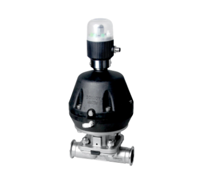 Válvula de diafragma em aço inox 316L com atuador pneumático e unidade de controle Mini C-TOP para automação industrial compacta