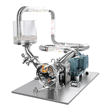Bomba sinusoidal sanitária em aço inox com motor de velocidade fixa, ideal para bombeamento suave de fluidos com sólidos sensíveis