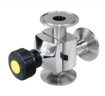 Mini válvula de diafragma de três vias em aço inox 316L para desvio de fluxo em sistemas sanitários e laboratoriais