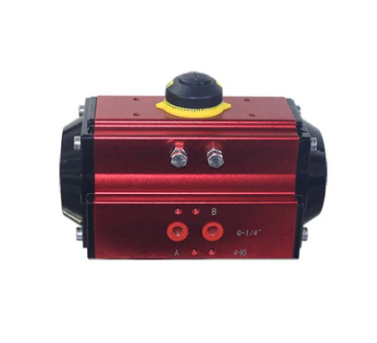 Atuador pneumático rotativo horizontal em vermelho para automação de válvulas industriais de esfera e borboleta
