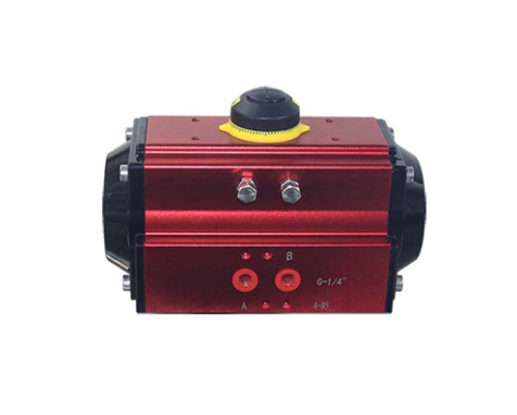 Atuador pneumático rotativo horizontal em vermelho para automação de válvulas industriais de esfera e borboleta