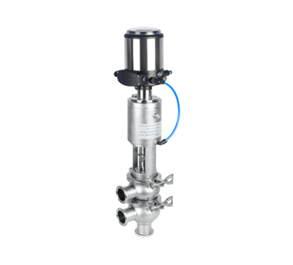 Válvula de sede inclinada em aço inox 316L com atuador pneumático e cabeçote de controle para monitoramento de posição