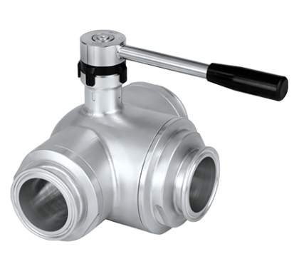 Válvula de esfera manual de três vias em aço inox 316L, utilizada para desvio (passagem L) ou mistura (passagem T) de fluidos industriais