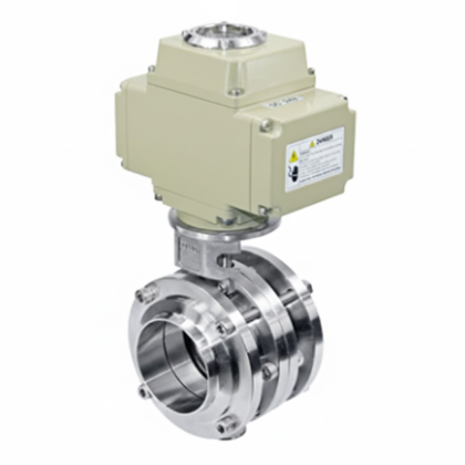Válvula borboleta em aço inox 316L com atuador elétrico proporcional para controle preciso de vazão industrial