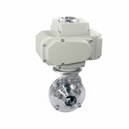 Válvula borboleta elétrica de controle proporcional em aço inox para automação sanitária e sistemas industriais inteligentes