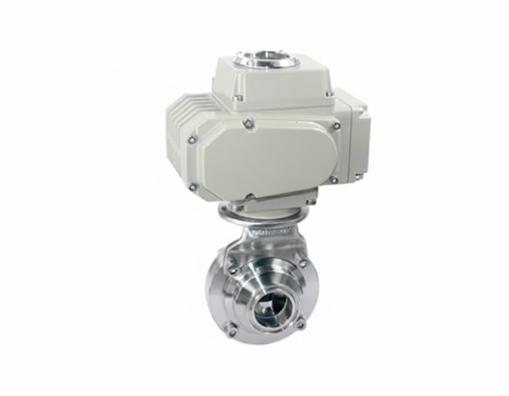 Válvula borboleta elétrica de controle proporcional em aço inox para automação sanitária e sistemas industriais inteligentes