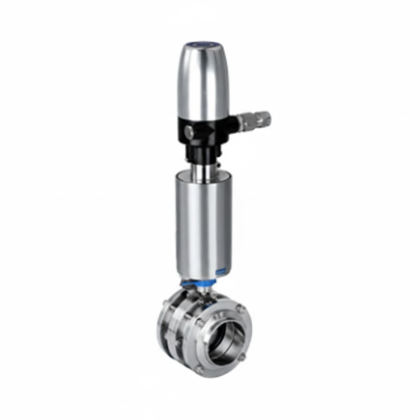 Válvula borboleta sanitária em aço inox 316L com atuador pneumático e posicionador para controle proporcional e dinâmico de fluxo