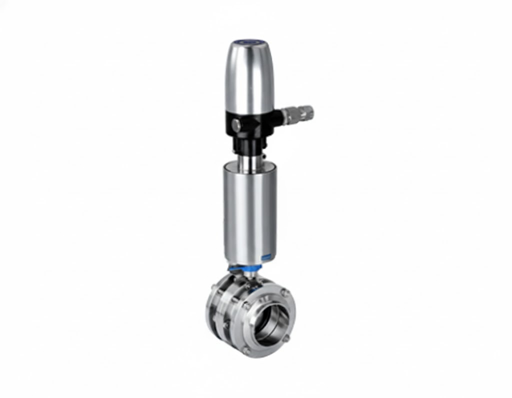 Válvula borboleta sanitária em aço inox 316L com atuador pneumático e posicionador para controle proporcional e dinâmico de fluxo