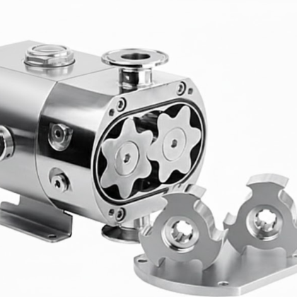 Bomba de lóbulos sanitária industrial asséptica em aço inox 316L, compatível com sistema de limpeza CIP (Clean-In-Place) para produtos sensíveis