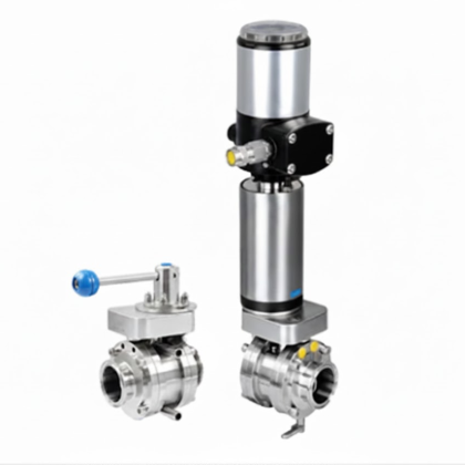 Válvula borboleta sanitária mixproof em aço inox 316L equipada com unidade de controle à prova de explosão para automação em áreas classificadas