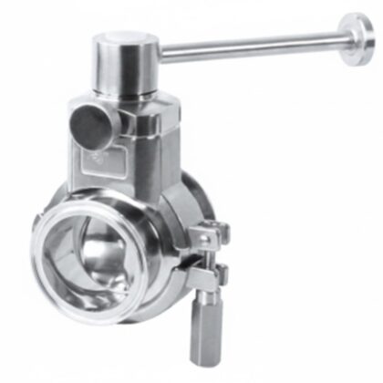 Válvula borboleta em aço inox 316L com design especial para bloqueio e controle de sólidos, pós e granulados industriais