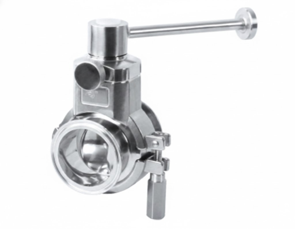 Válvula borboleta em aço inox 316L com design especial para bloqueio e controle de sólidos, pós e granulados industriais