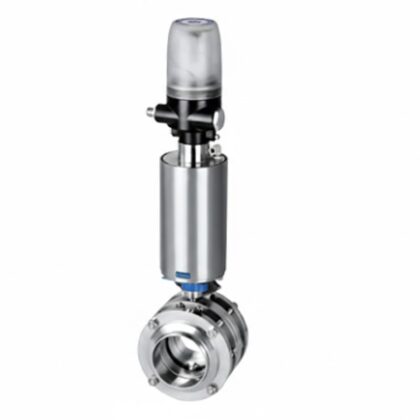 Válvula borboleta sanitária em aço inox 316L com atuador pneumático vertical e cabeçote inteligente C-TOP integrado para automação e feedback
