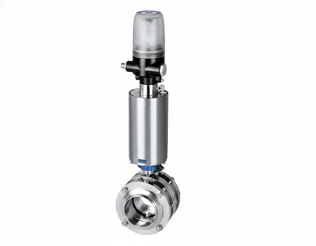 Válvula borboleta sanitária em aço inox 316L com atuador pneumático vertical e cabeçote inteligente C-TOP integrado para automação e feedback