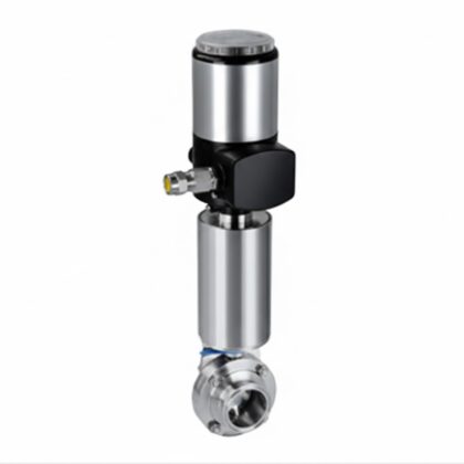 Válvula de esfera sanitária em aço inox 316L, automatizada com atuador pneumático vertical cilíndrico e cabeçote inteligente C-TOP no topo