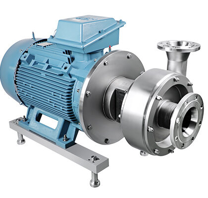 Bomba centrífuga sanitária de alta vazão (1000m³/h) em aço inox com rotor aberto, ideal para transferência de mosto e líquidos com sólidos em cervejarias