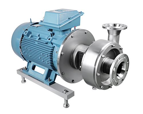 Bomba centrífuga sanitária de alta vazão (1000m³/h) em aço inox com rotor aberto, ideal para transferência de mosto e líquidos com sólidos em cervejarias
