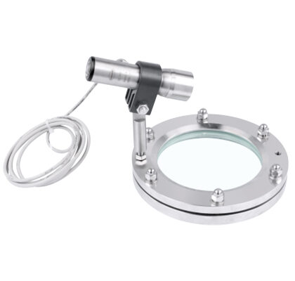 Visor de fluxo tipo união em aço inox com luminária LED recarregável e limpador interno para processos industriais e sanitários