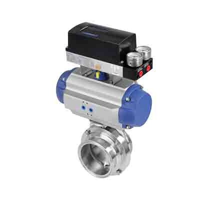 Válvula borboleta de ajuste proporcional pneumática em aço inox 316L, série PX-PABV, com posicionador inteligente para controle de grandes vazões