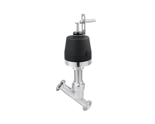 Válvula de sede inclinada em aço inox 316L com cabeçote de controle e sensor de posição série PX-ASV-CT