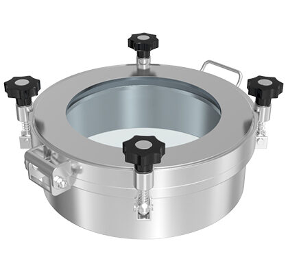 Tampa de inspeção com visor integral em vidro temperado série PX-GVM em aço inox para tanques e reatores industriais
