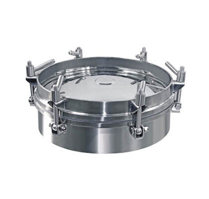 Tampa de inspeção circular de alta pressão em aço inox série PX-HPMH para tanques e reatores industriais.