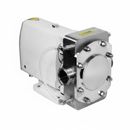 Bomba de lóbulos sanitária industrial em aço inox com camisa de aquecimento (jaqueta térmica), ideal para bombeamento de chocolate e fluidos viscosos.
