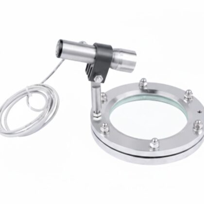 Visor de fluxo tipo união em aço inox com luminária LED recarregável e raspador interno para limpeza de vidro