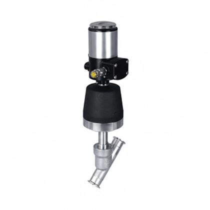 Válvula de sede inclinada em aço inox 316L com posicionador inteligente para controle proporcional 4-20mA e sistemas PID série PX-ASV-PID