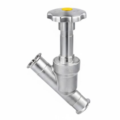 Válvula de sede inclinada manual em aço inox 316L com volante para controle de vapor e processos industriais série PX-ASV
