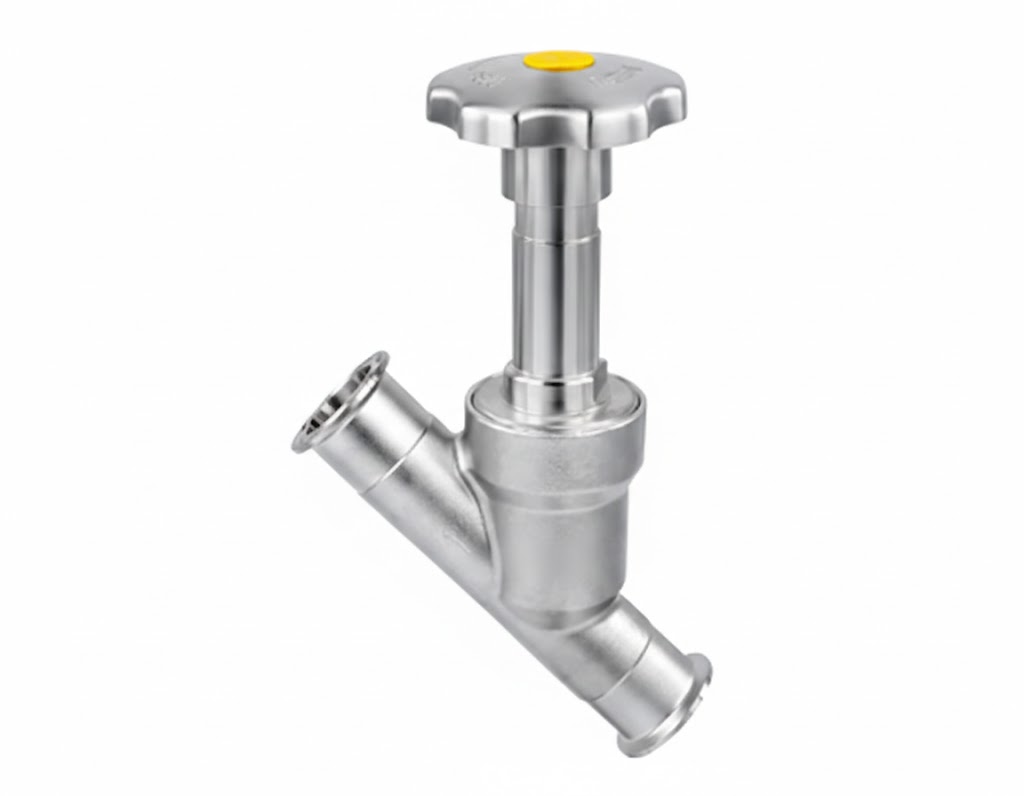 Válvula de sede inclinada manual em aço inox 316L com volante para controle de vapor e processos industriais série PX-ASV