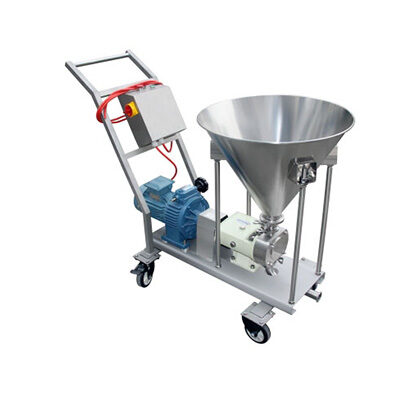 Bomba de lóbulos sanitária industrial em aço inox com funil de alimentação para cosméticos e alimentos, vista frontal