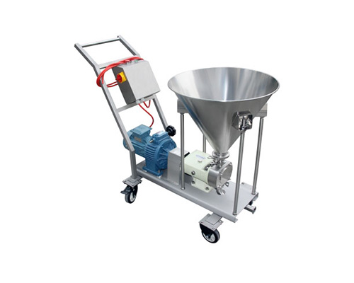 Bomba de lóbulos sanitária industrial em aço inox com funil de alimentação para cosméticos e alimentos, vista frontal